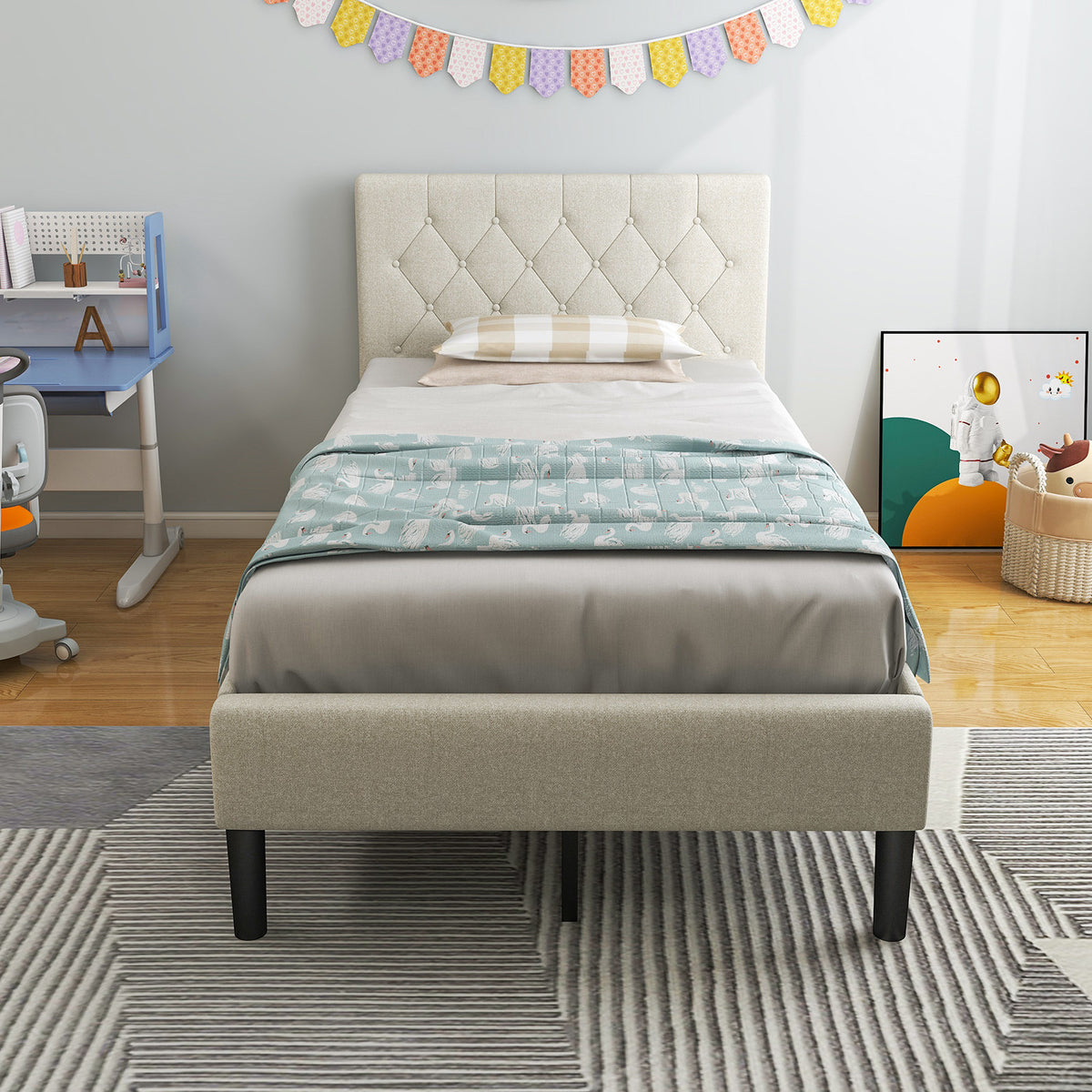 Goflame Upholstered Platform Bed Twin Size, Modern Bed Frame with Button Tufted Headboard (Beige)