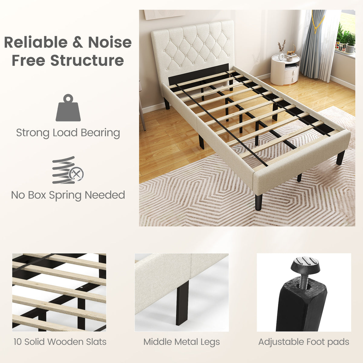 Goflame Upholstered Platform Bed Twin Size, Modern Bed Frame with Button Tufted Headboard (Beige)