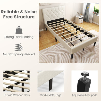 Goflame Upholstered Platform Bed Twin Size, Modern Bed Frame with Button Tufted Headboard (Beige)