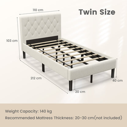 Goflame Upholstered Platform Bed Twin Size, Modern Bed Frame with Button Tufted Headboard (Beige)