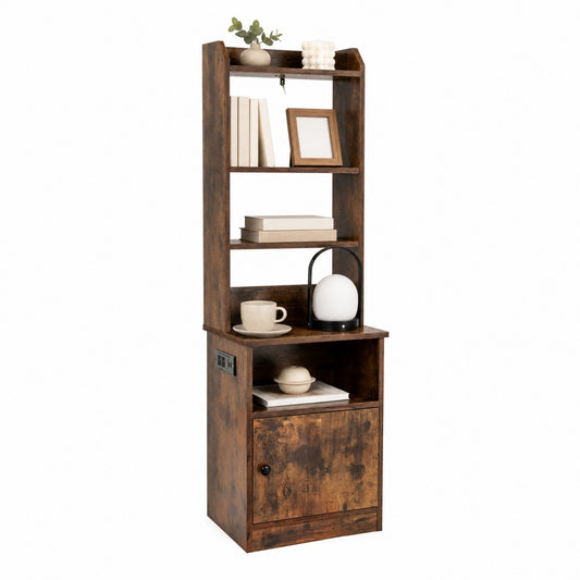 Nightstand with Charging Station and USB Ports, 56” Tall Bedside Table with Adjustable Open Shelves