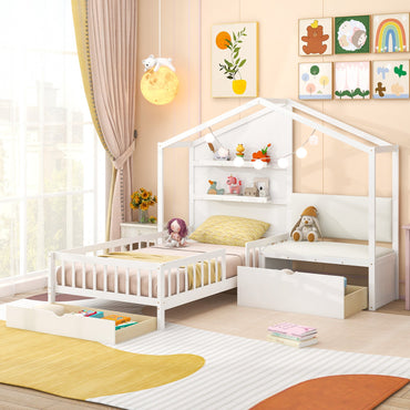 Goflame Twin House Bed for Kids, Wooden Kids Twin Bed Frame with Padded Bench