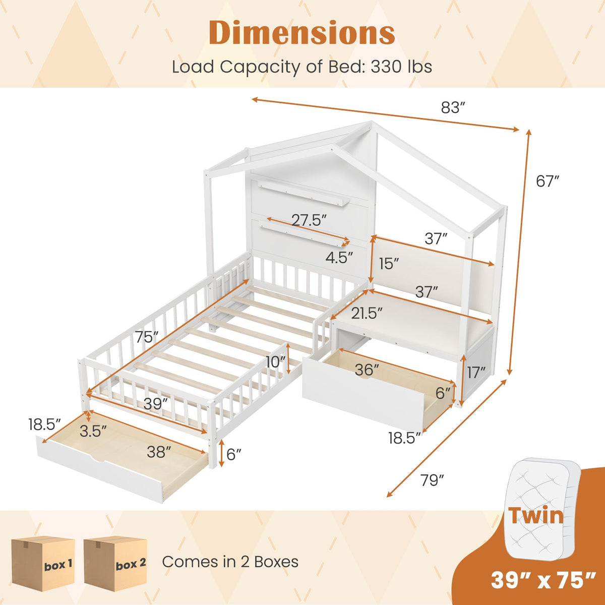 Goflame Twin House Bed for Kids, Wooden Kids Twin Bed Frame with Padded Bench