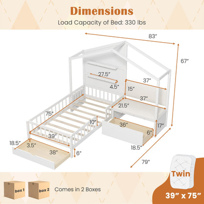 Goflame Twin House Bed for Kids, Wooden Kids Twin Bed Frame with Padded Bench