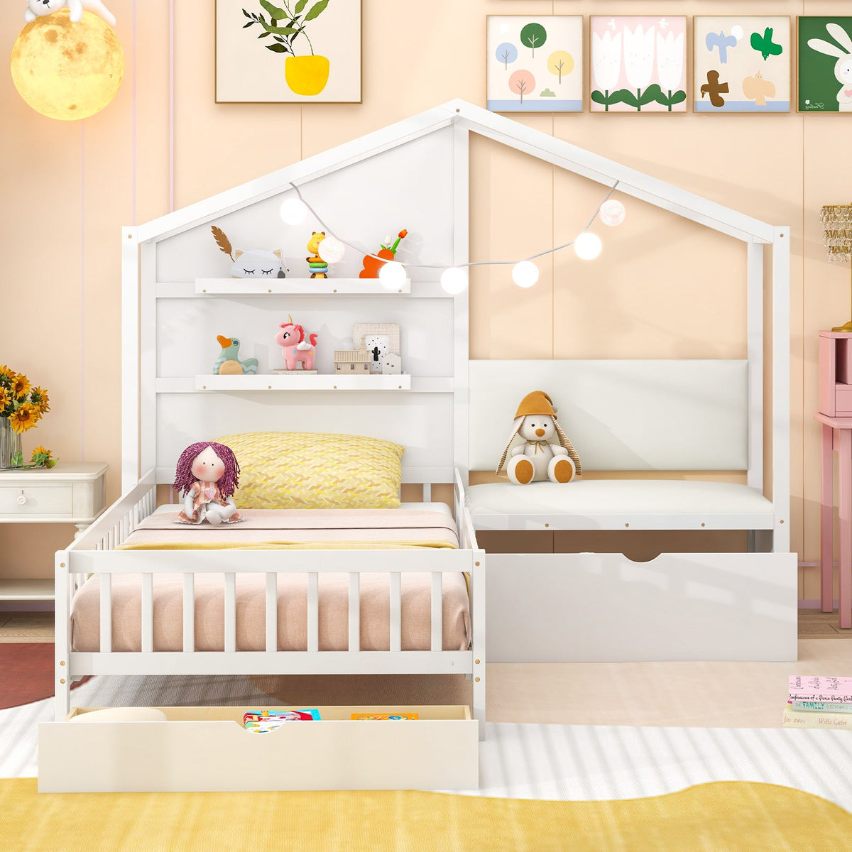 Goflame Twin House Bed for Kids, Wooden Kids Twin Bed Frame with Padded Bench