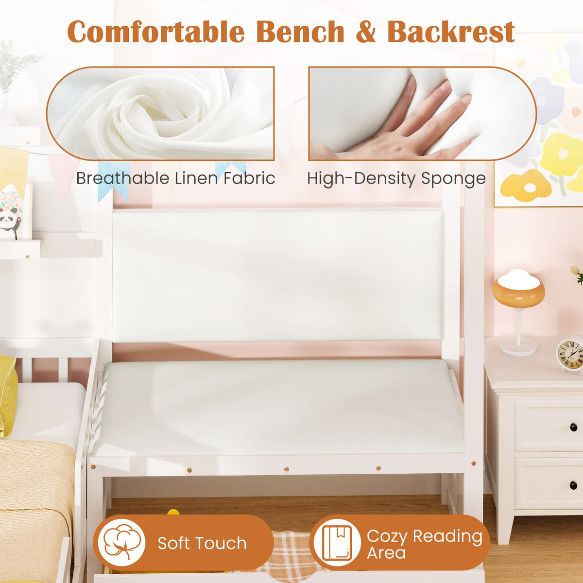 Goflame Twin House Bed for Kids, Wooden Kids Twin Bed Frame with Padded Bench