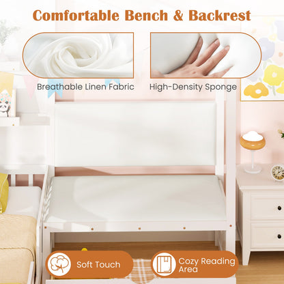 Goflame Twin House Bed for Kids, Wooden Kids Twin Bed Frame with Padded Bench