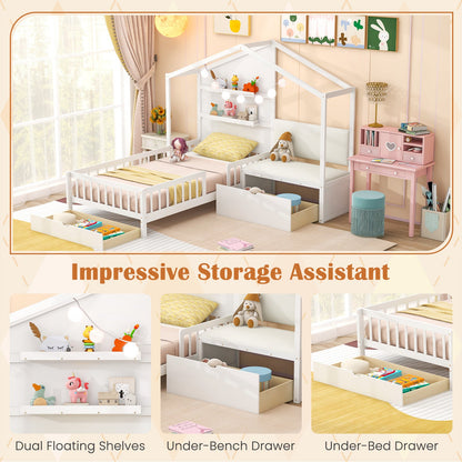 Goflame Twin House Bed for Kids, Wooden Kids Twin Bed Frame with Padded Bench