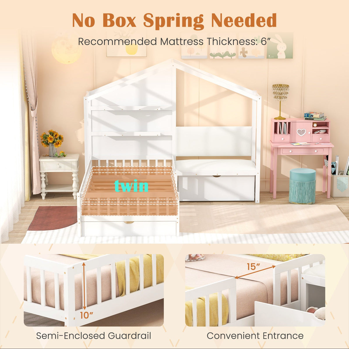 Goflame Twin House Bed for Kids, Wooden Kids Twin Bed Frame with Padded Bench