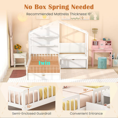 Goflame Twin House Bed for Kids, Wooden Kids Twin Bed Frame with Padded Bench