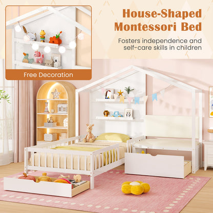 Goflame Twin House Bed for Kids, Wooden Kids Twin Bed Frame with Padded Bench