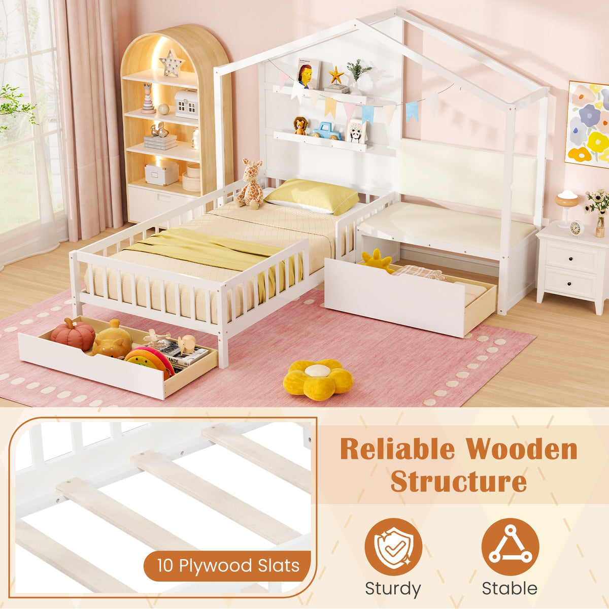 Goflame Twin House Bed for Kids, Wooden Kids Twin Bed Frame with Padded Bench