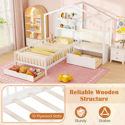 Goflame Twin House Bed for Kids, Wooden Kids Twin Bed Frame with Padded Bench