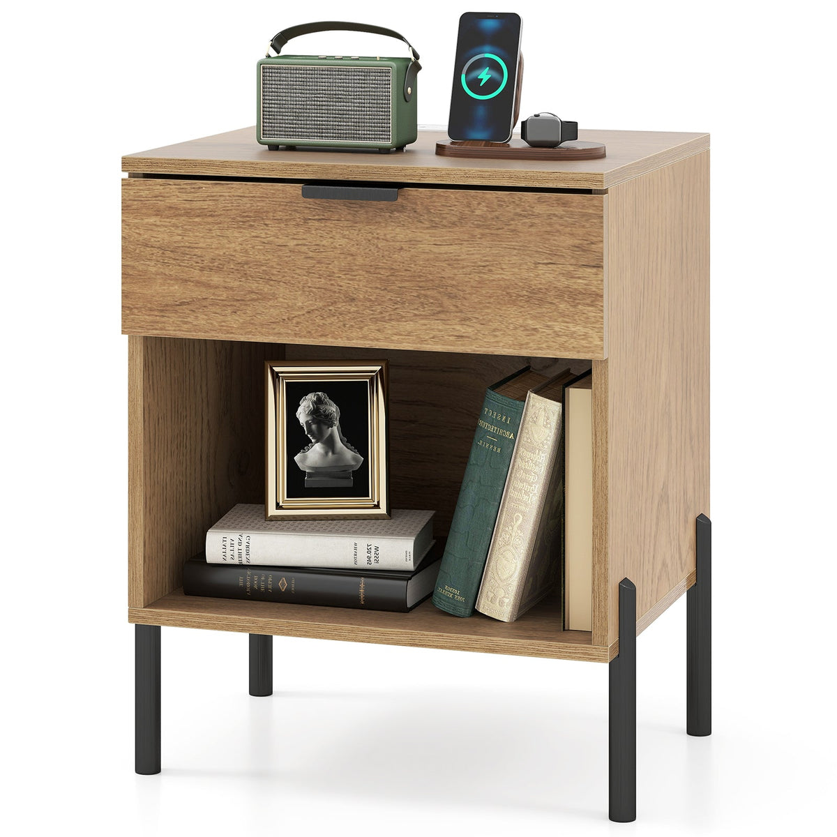 Goflame Mid Century Modern Nightstand with Charging Station