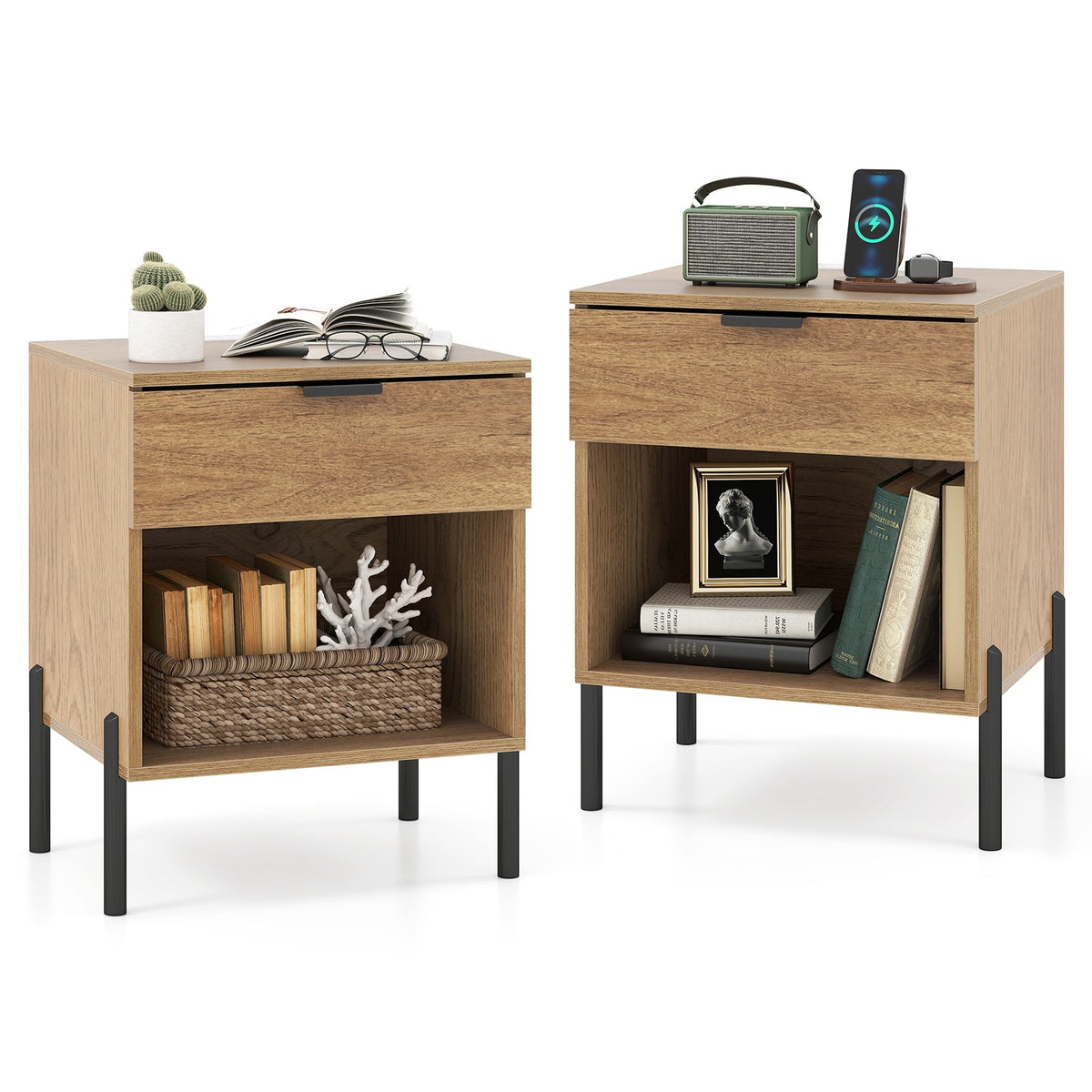 Goflame Mid Century Modern Nightstand with Charging Station
