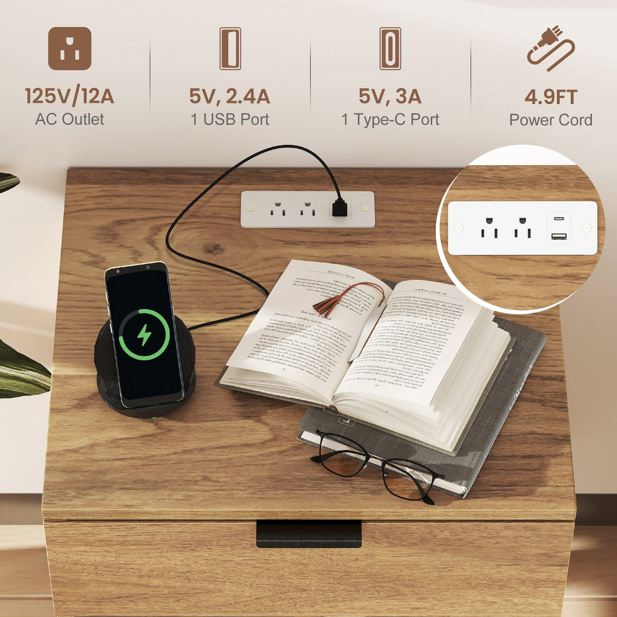 Goflame Mid Century Modern Nightstand with Charging Station