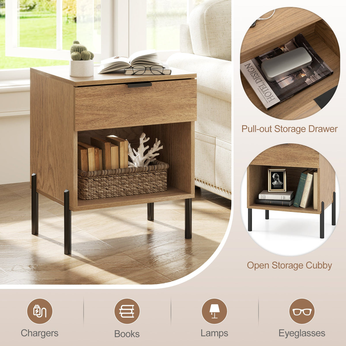 Goflame Mid Century Modern Nightstand with Charging Station
