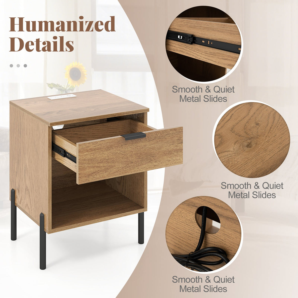 Goflame Mid Century Modern Nightstand with Charging Station