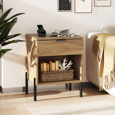 Goflame Mid Century Modern Nightstand with Charging Station