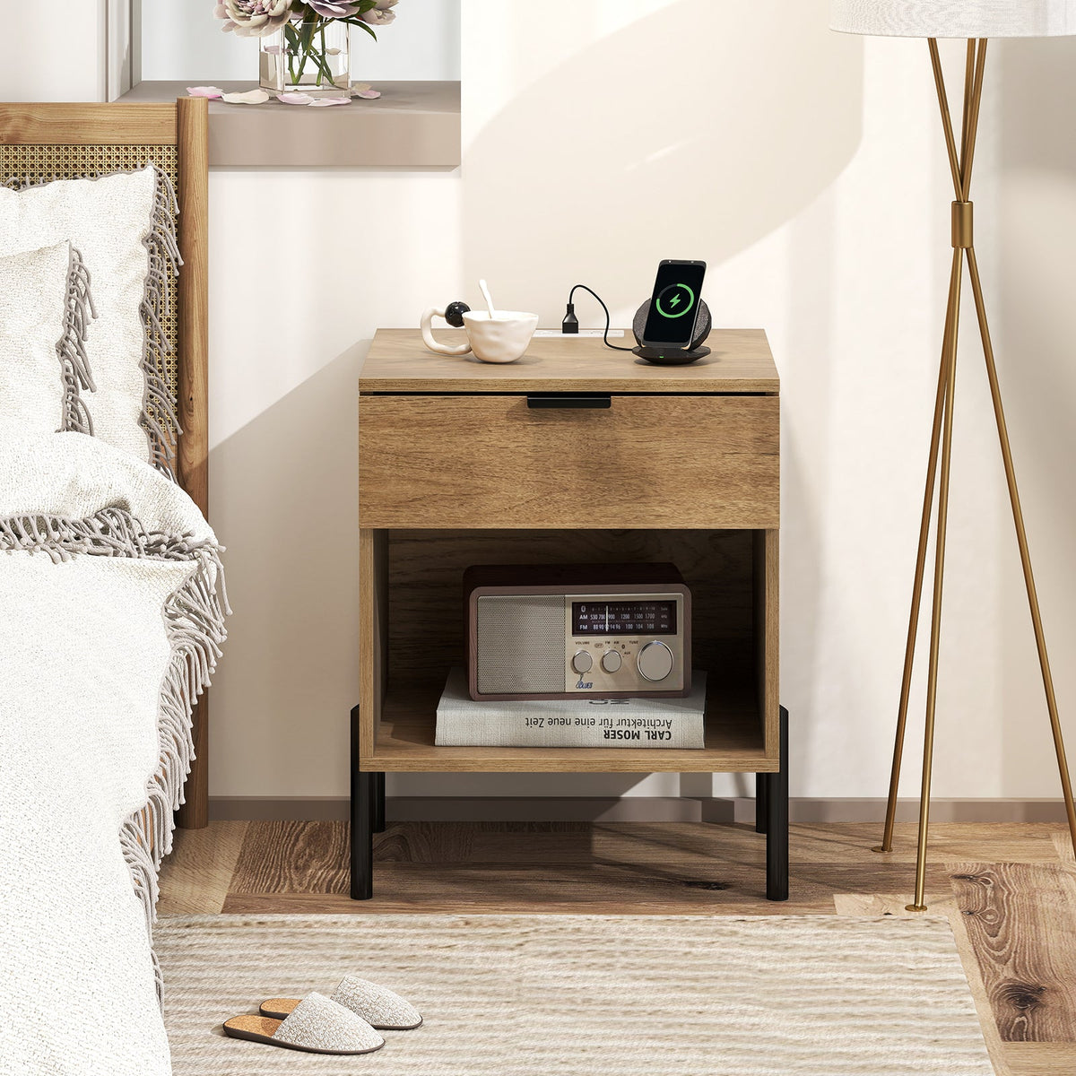 Goflame Mid Century Modern Nightstand with Charging Station
