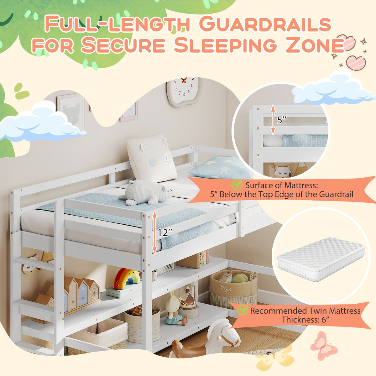 Goflame Twin Low Loft Bed with Storage Shelves