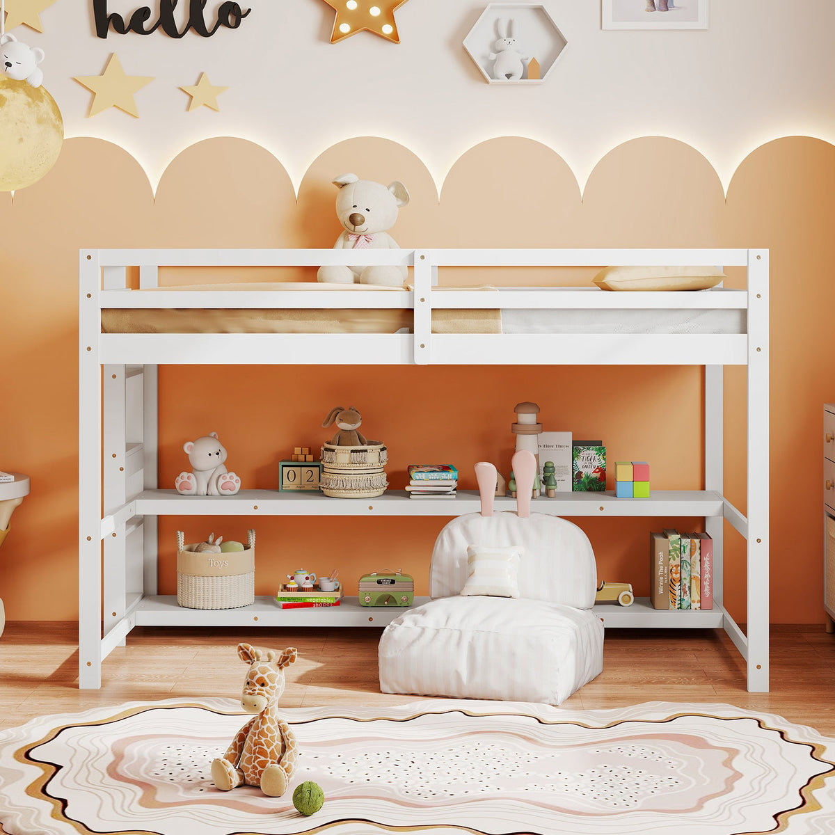 Goflame Twin Low Loft Bed with Storage Shelves