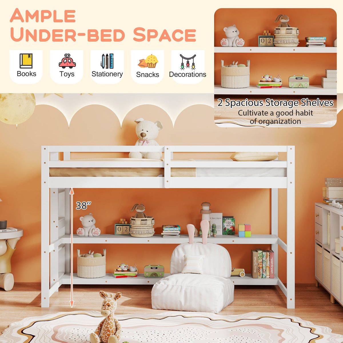 Goflame Twin Low Loft Bed with Storage Shelves