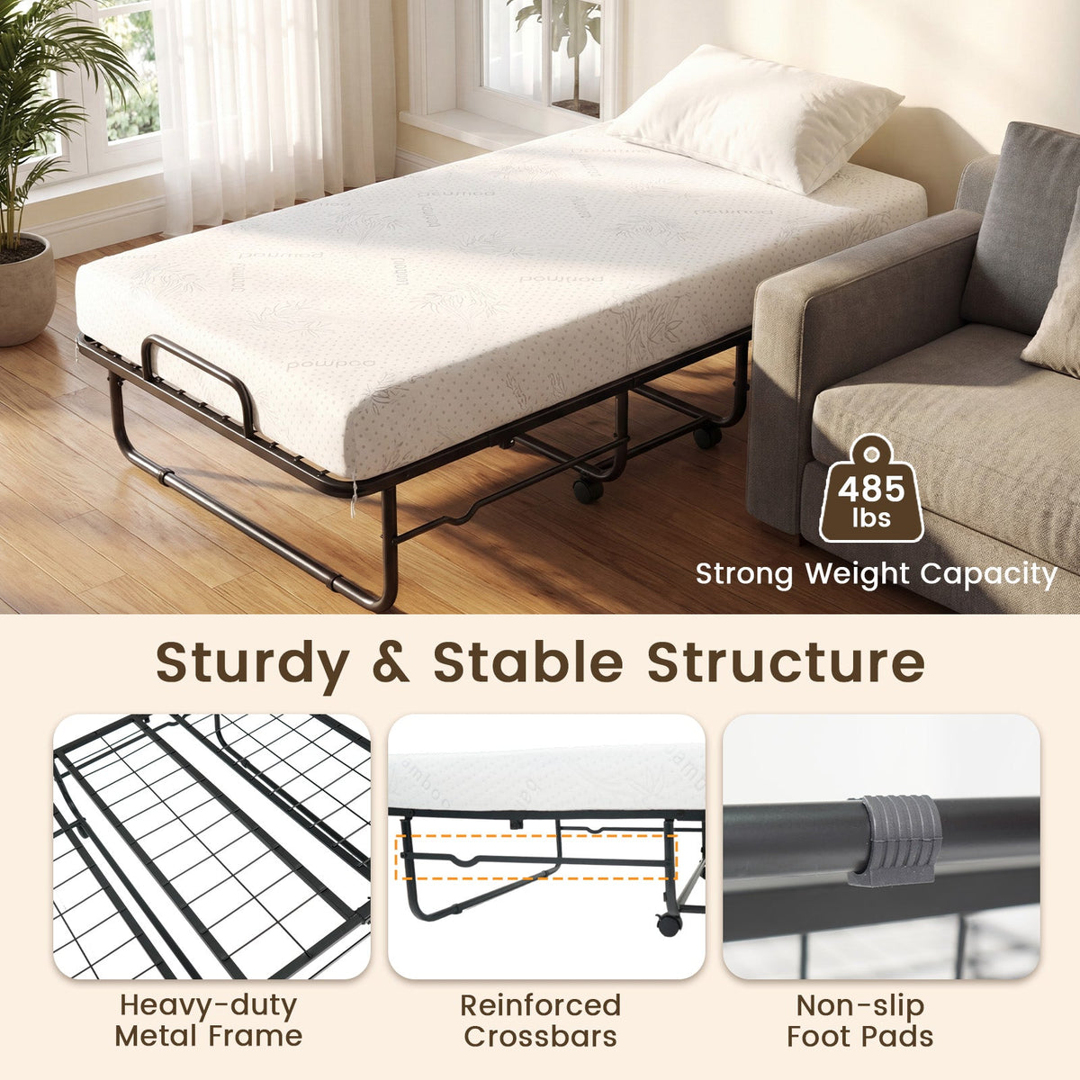 Goflame Folding Bed with 5-Inch Mattress 75" x 38" Twin Size Foldable Guest Bed