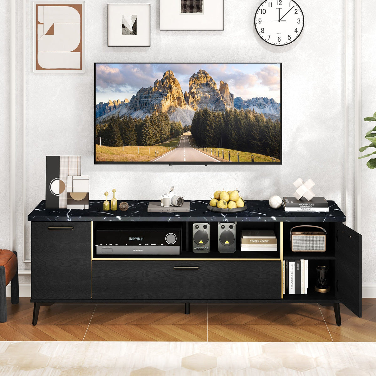 Goflame TV Stand for TVs up to 75", 63-Inch Mid Century Modern Entertainment Center with Flip Door Cabinet