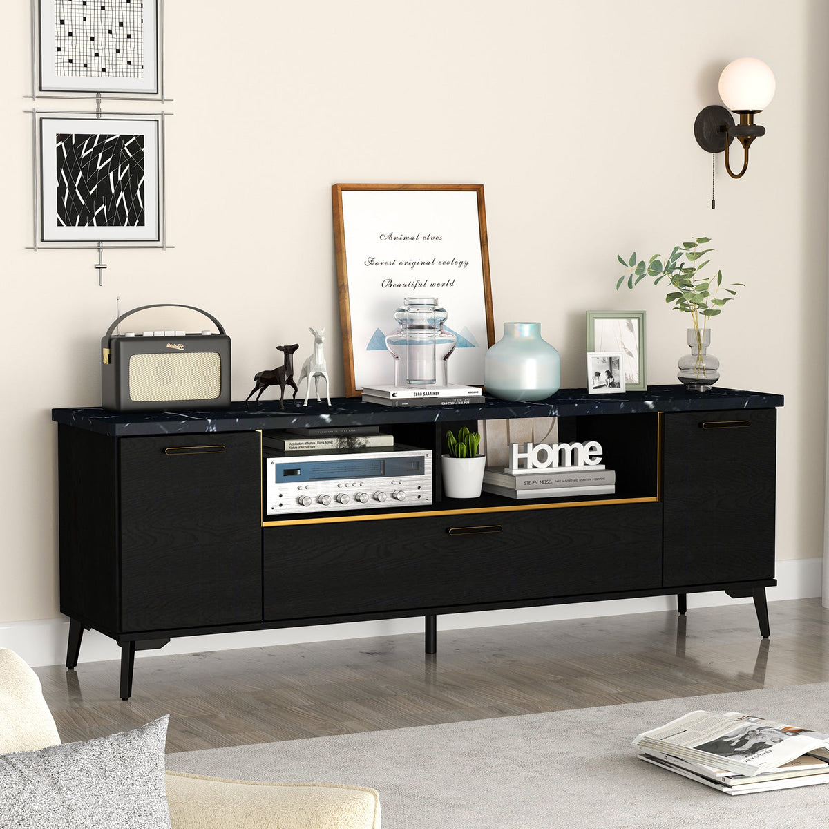 Goflame TV Stand for TVs up to 75", 63-Inch Mid Century Modern Entertainment Center with Flip Door Cabinet