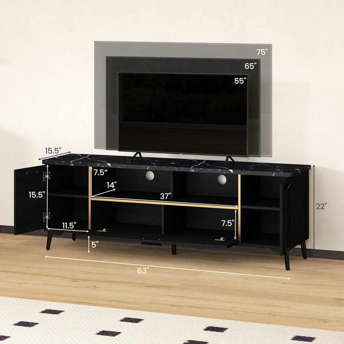 Goflame TV Stand for TVs up to 75", 63-Inch Mid Century Modern Entertainment Center with Flip Door Cabinet