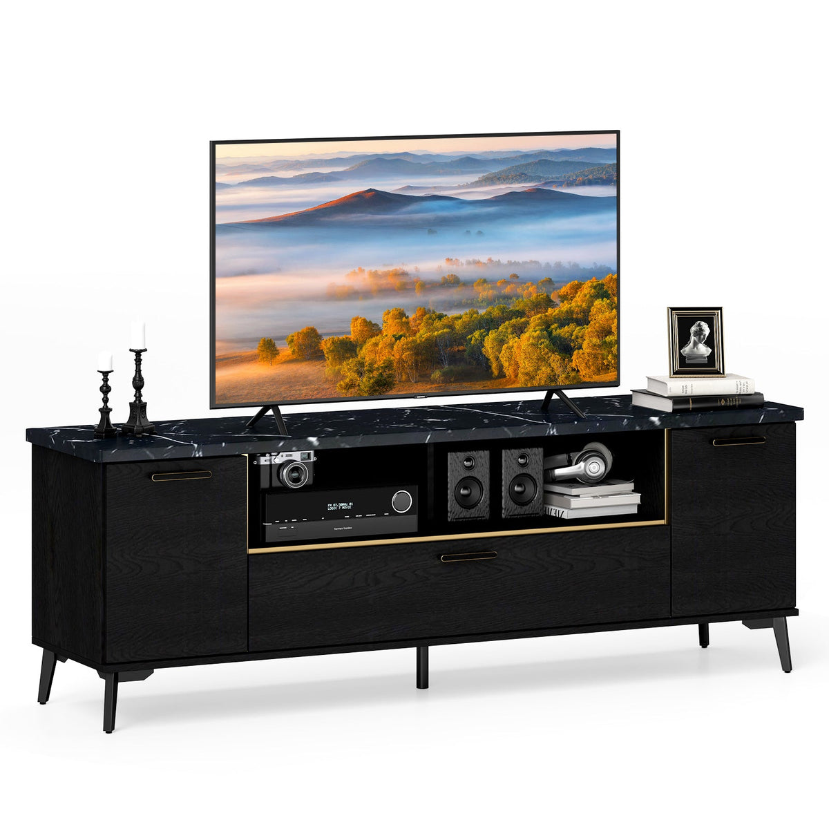 Goflame TV Stand for TVs up to 75", 63-Inch Mid Century Modern Entertainment Center with Flip Door Cabinet