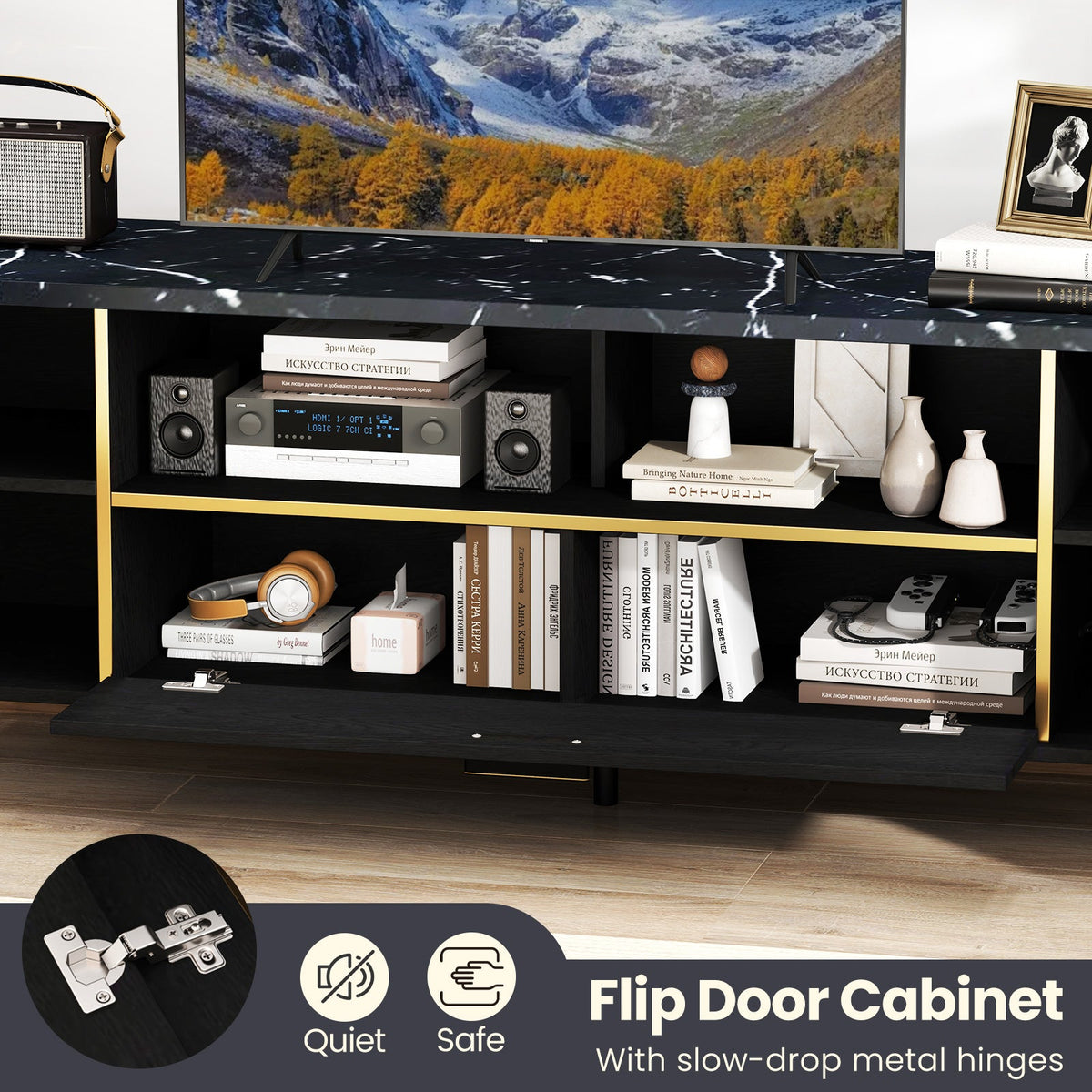 Goflame TV Stand for TVs up to 75", 63-Inch Mid Century Modern Entertainment Center with Flip Door Cabinet