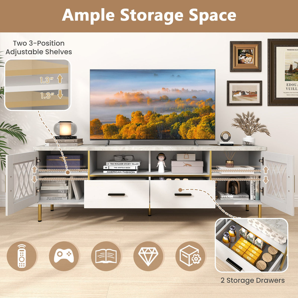 Goflame TV Stand for TV up to 80", 71-Inch Modern Entertainment Center with Glass Doors & 2 Storage Drawers
