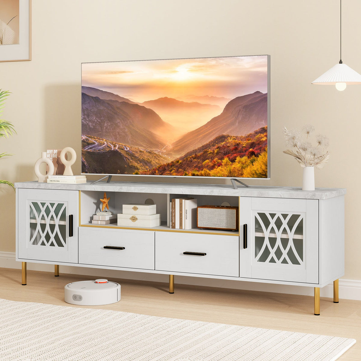 Goflame TV Stand for TV up to 80", 71-Inch Modern Entertainment Center with Glass Doors & 2 Storage Drawers