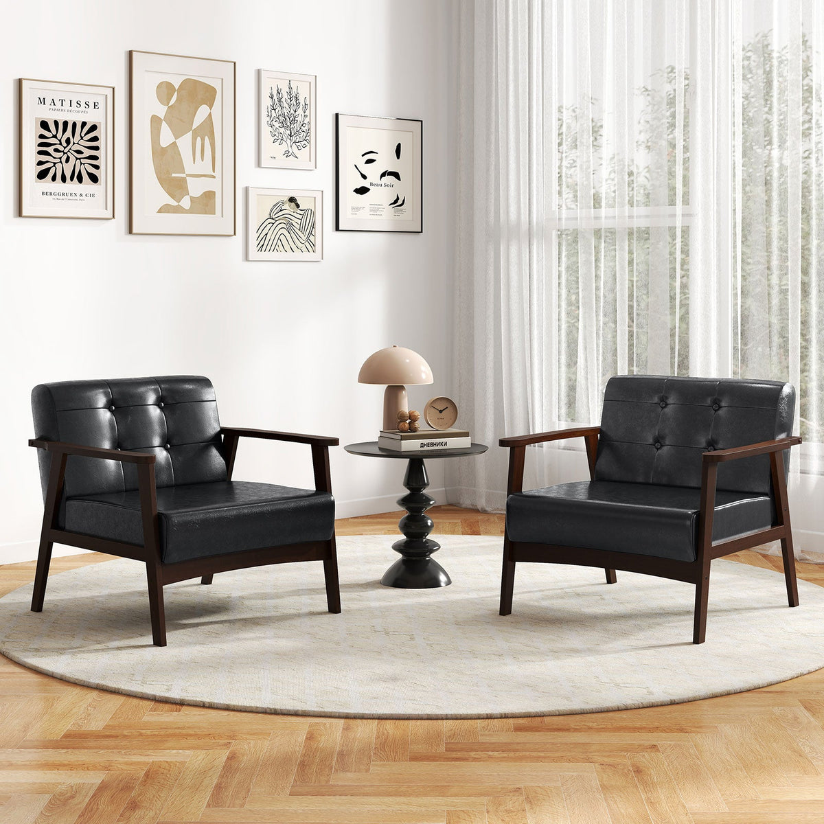 Goflame Mid Century Modern Accent Chair, Upholstered Tufted Armchair with Solid Rubber Wood Frame