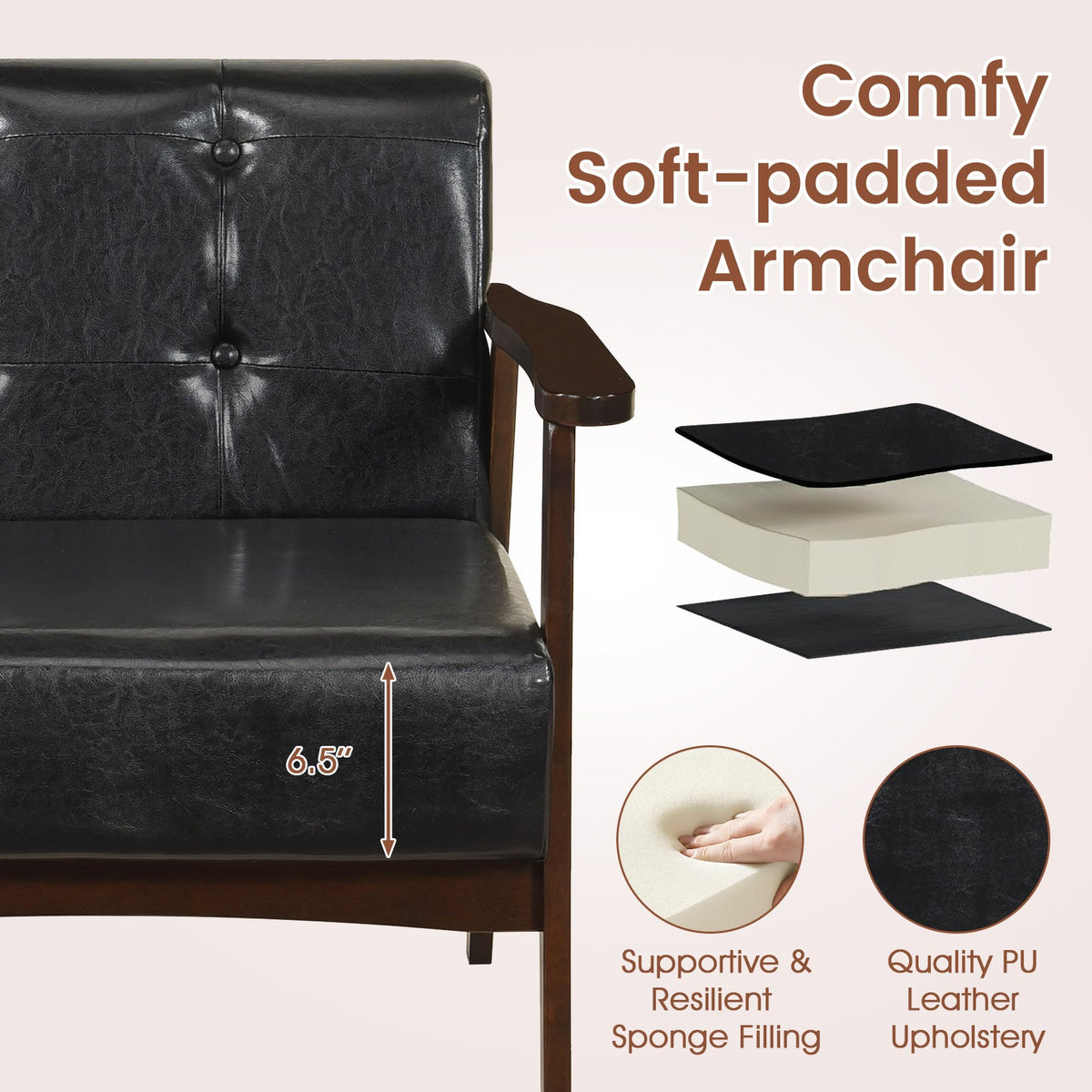 Goflame Mid Century Modern Accent Chair, Upholstered Tufted Armchair with Solid Rubber Wood Frame