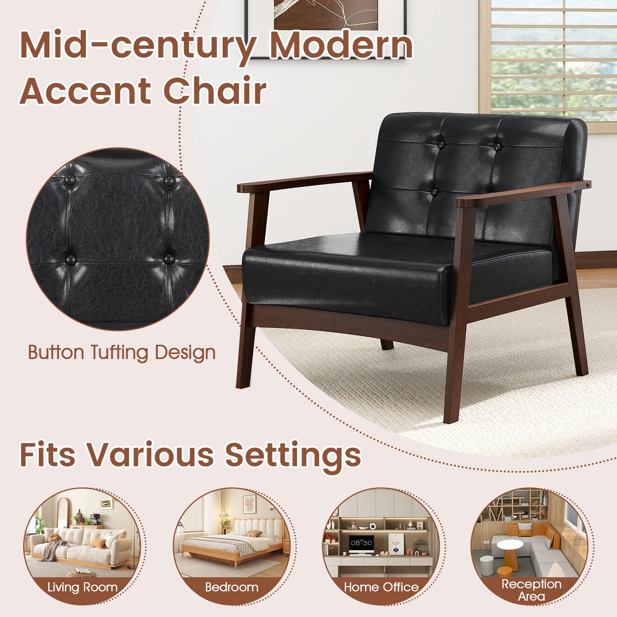 Goflame Mid Century Modern Accent Chair, Upholstered Tufted Armchair with Solid Rubber Wood Frame