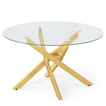 Goflame 31.5" Round Glass Coffee Table with Tempered Glass Top & Geometric Metal Frame