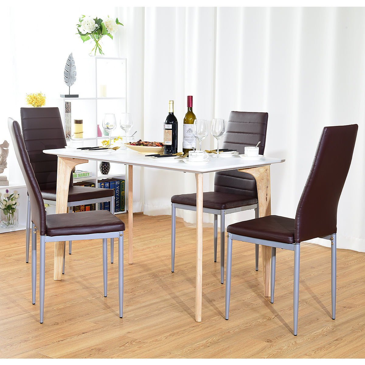 Goflame Set of 4 PU Leather Dining Side Chairs with Padded Seat Foot Cap