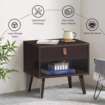 Goflame Wooden Nightstand with Drawer and Shelf Sofa Side Table