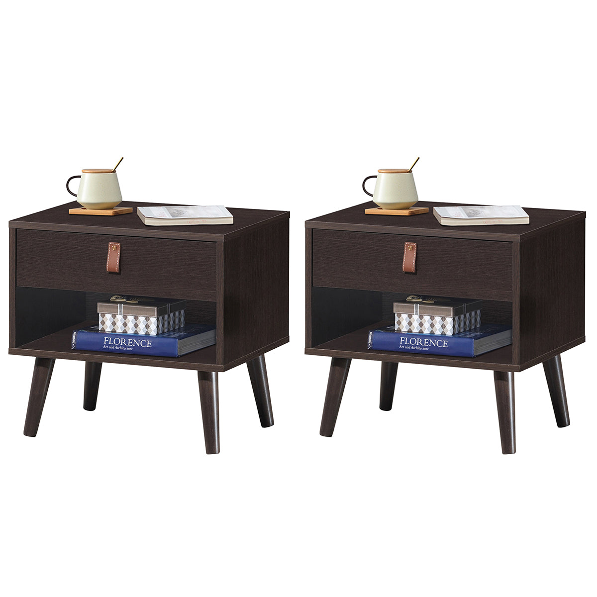 Goflame Wooden Nightstand with Drawer and Shelf Sofa Side Table