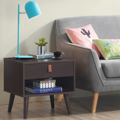 Goflame Wooden Nightstand with Drawer and Shelf Sofa Side Table