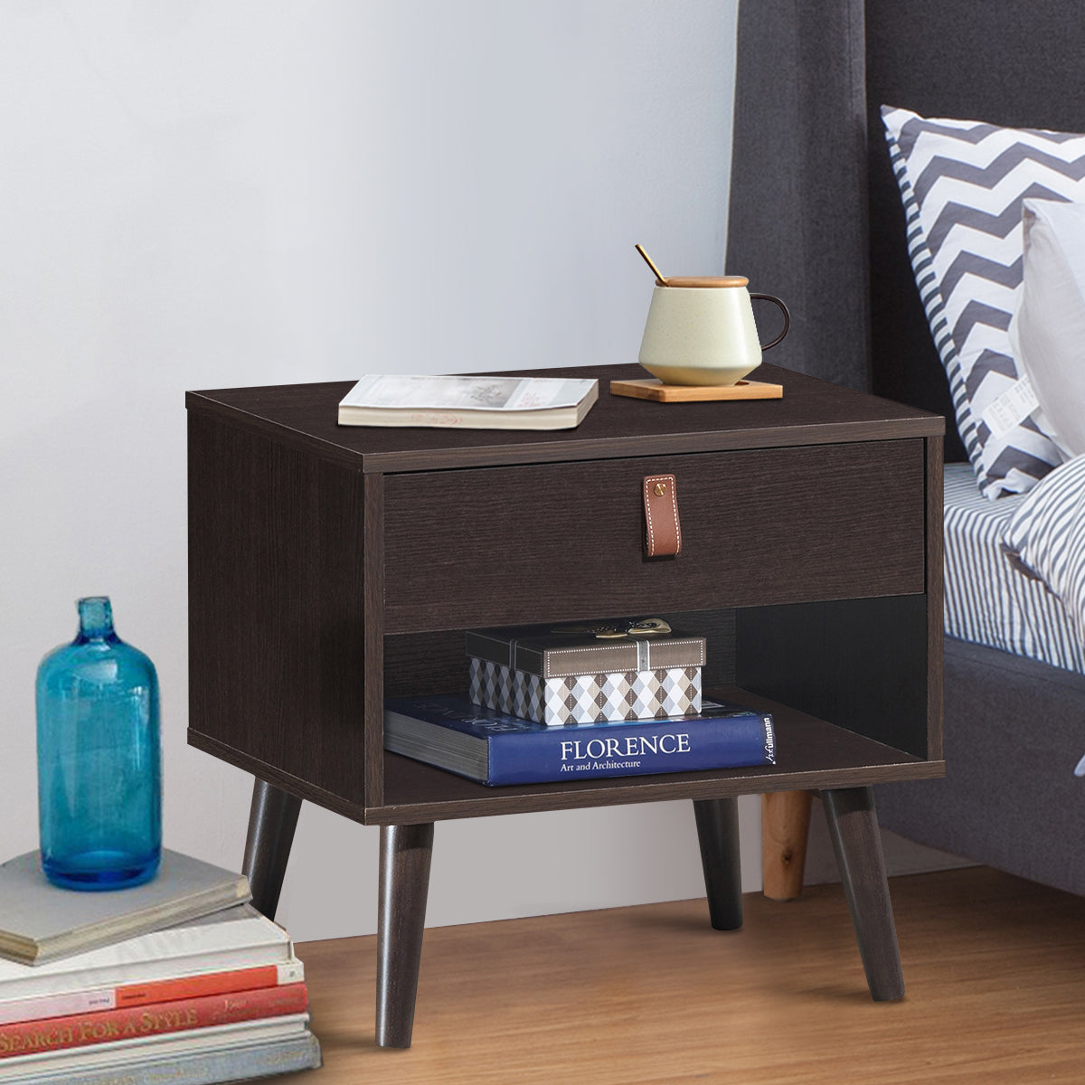 Goflame Wooden Nightstand with Drawer and Shelf Sofa Side Table