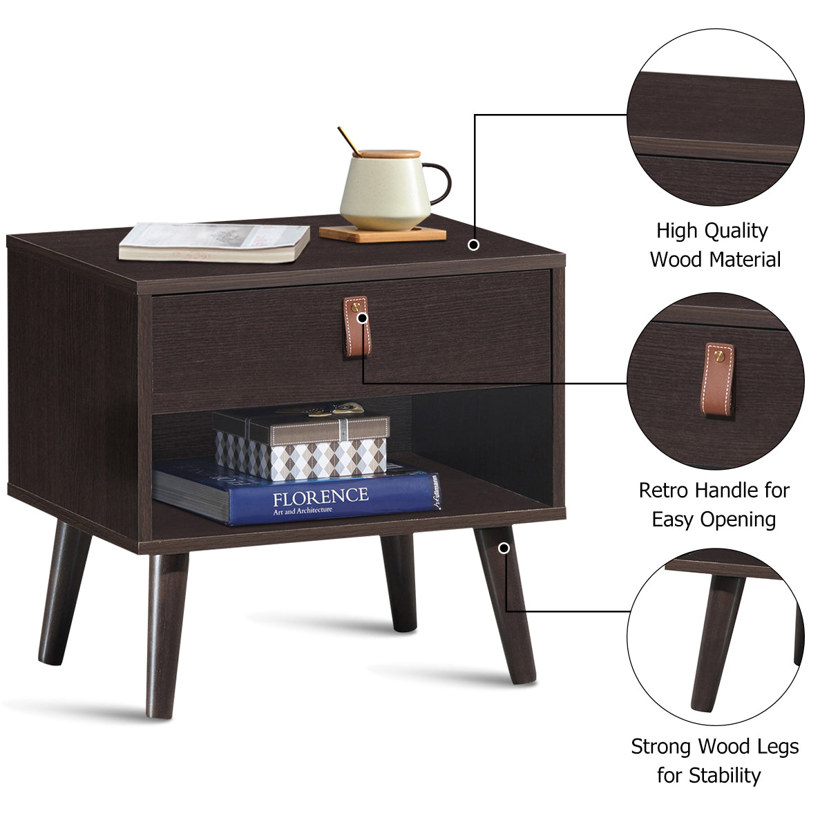 Goflame Wooden Nightstand with Drawer and Shelf Sofa Side Table