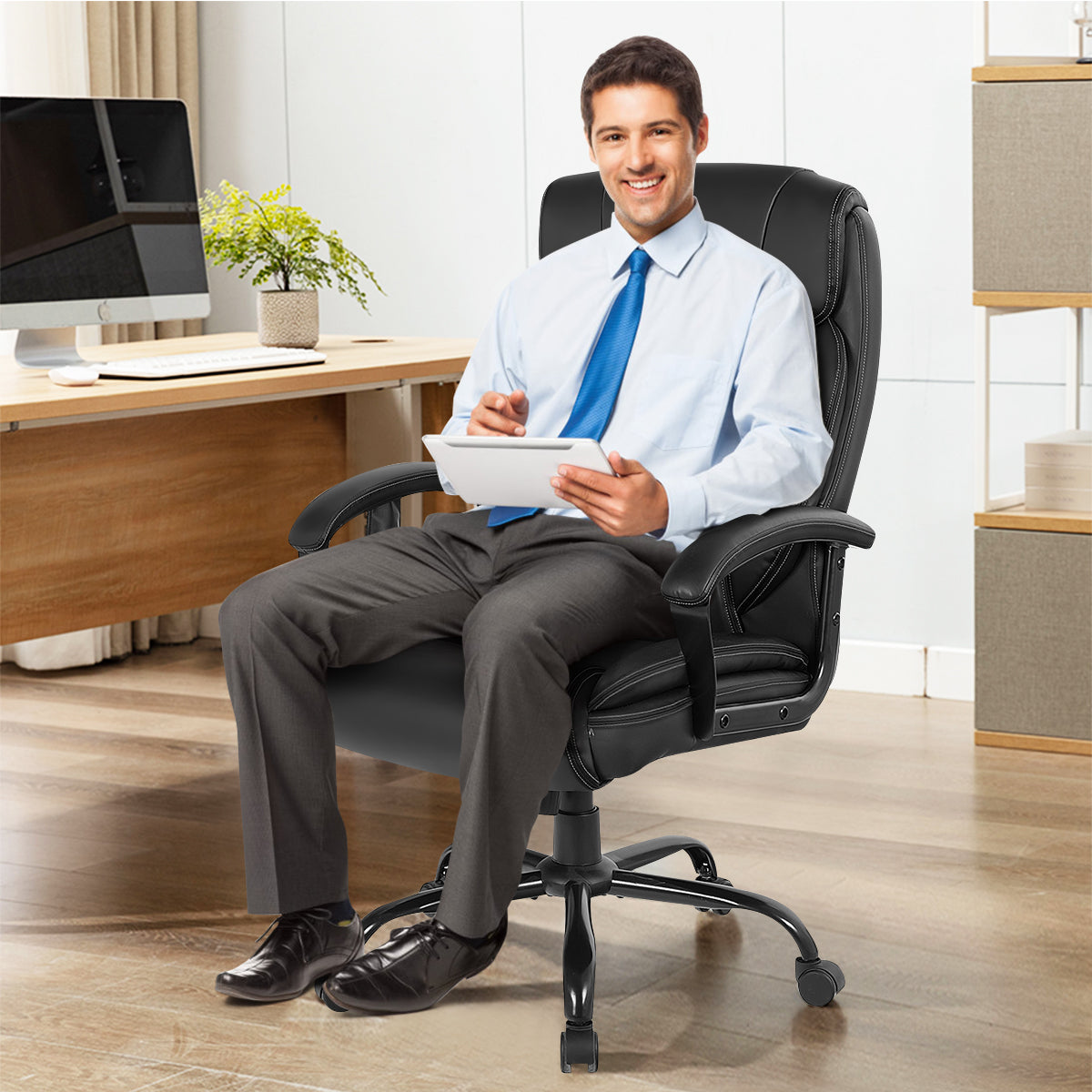 Goflame Executive Office Chair, Big and Tall Massage Chair w/ 6 Vibrating Points (Black)