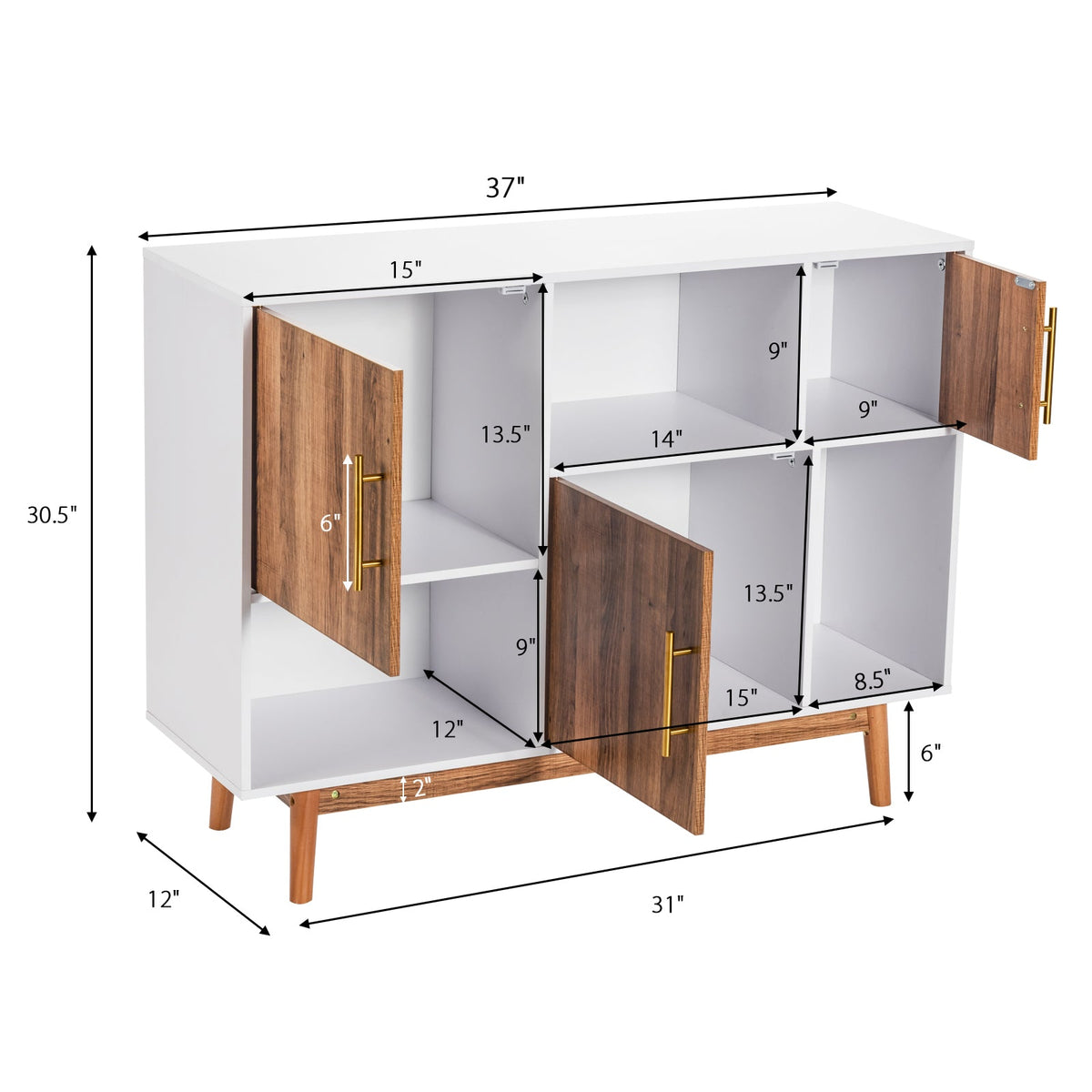 Sideboard Storage Cabinet W/Storage Compartments, Doors and Wood Legs
