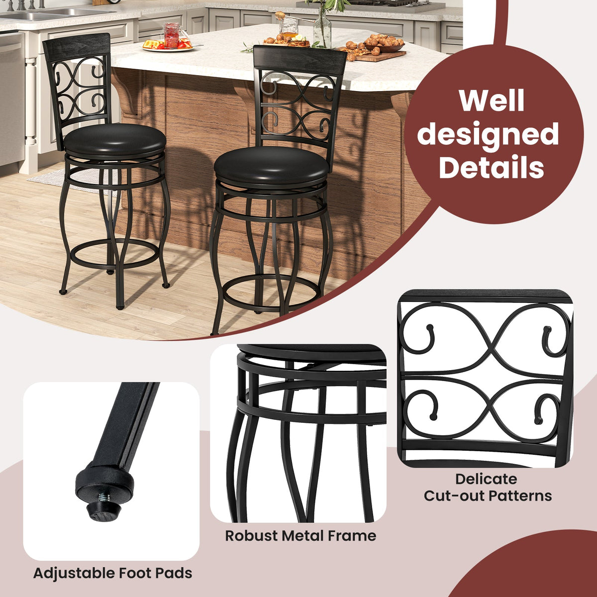 Goflame 26" Swivel Bar Stools Set of 2/4, Counter Height Bar Stools with Back, Upholstered PU Leather Seat, Black