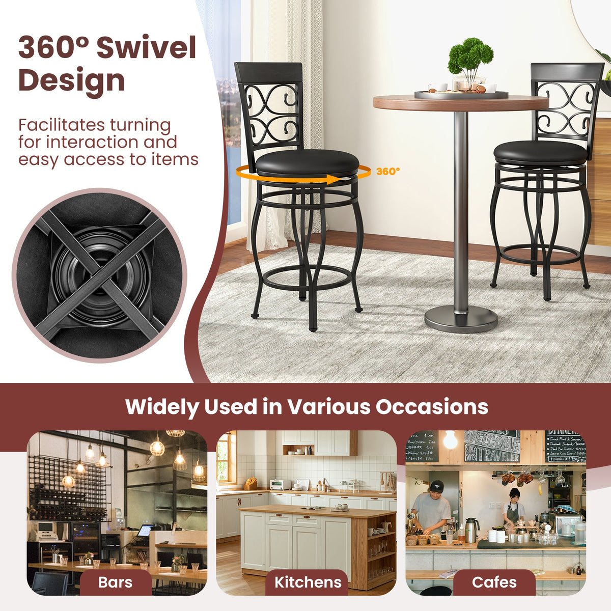 Goflame 26" Swivel Bar Stools Set of 2/4, Counter Height Bar Stools with Back, Upholstered PU Leather Seat, Black