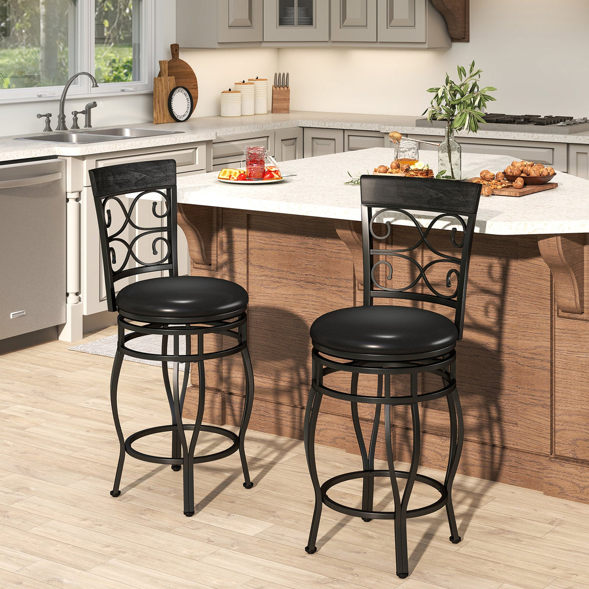Goflame 26" Swivel Bar Stools Set of 2/4, Counter Height Bar Stools with Back, Upholstered PU Leather Seat, Black